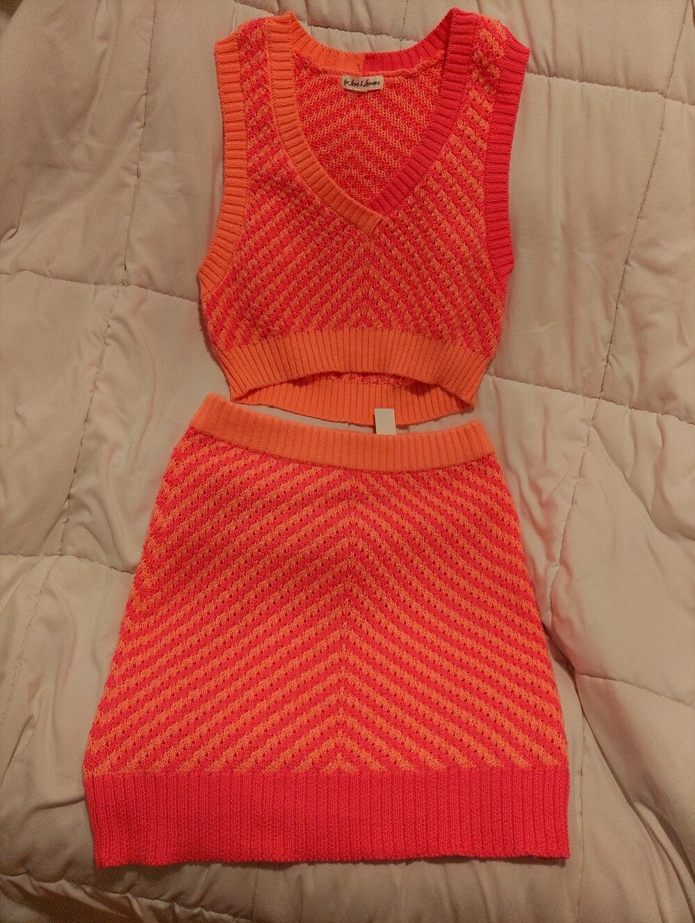 For Love & Lemons Coral and Pink Striped Crewneck Sweater Vest Skirt SET
